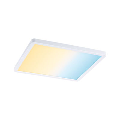 Rectangular LED ceiling light with white frame and warm white to blue light for living spaces