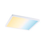 Rectangular LED ceiling light with white frame and warm white to blue light for living spaces