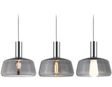 Three modern pendant lights with smoked glass and chrome metal for stylish indoor lighting solutions.