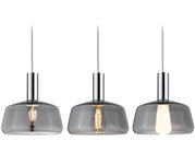 Three modern pendant lights with smoked glass and chrome metal for stylish indoor lighting solutions.