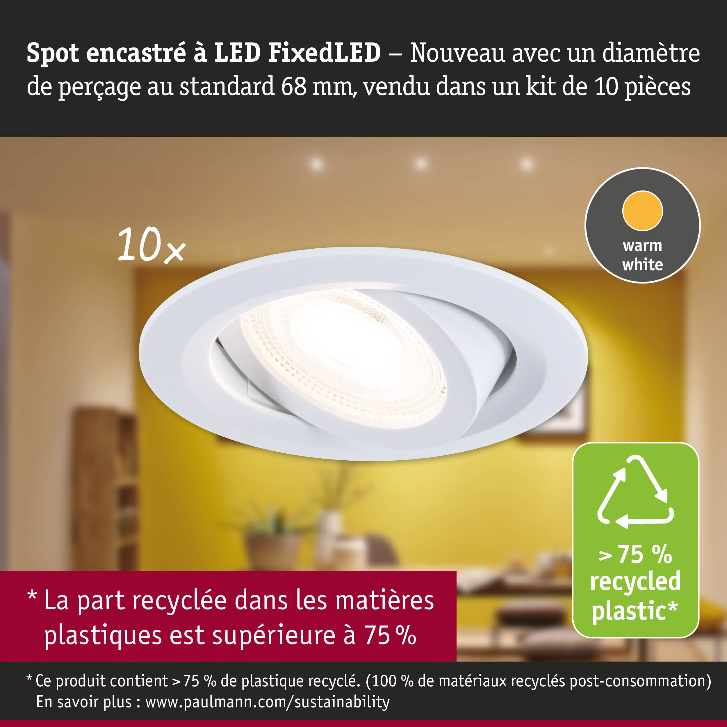 Spot encastré LED blanc avec lumière blanc chaud et plus de 75 % de plastique recyclé pour un éclairage durable