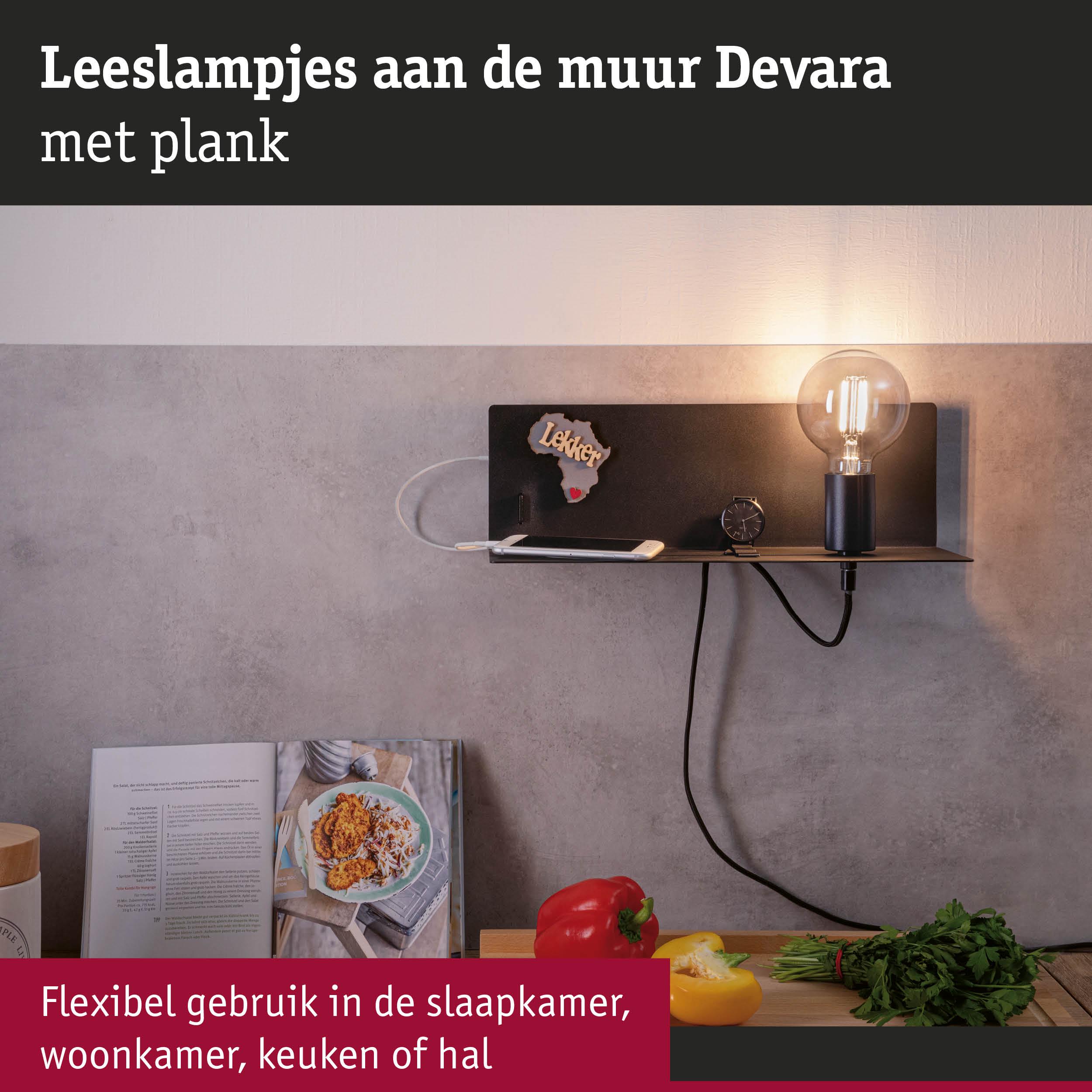 Zwarte Devara wandlamp met metalen plank en zichtbare lamp, flexibel te gebruiken in slaapkamer en keuken
