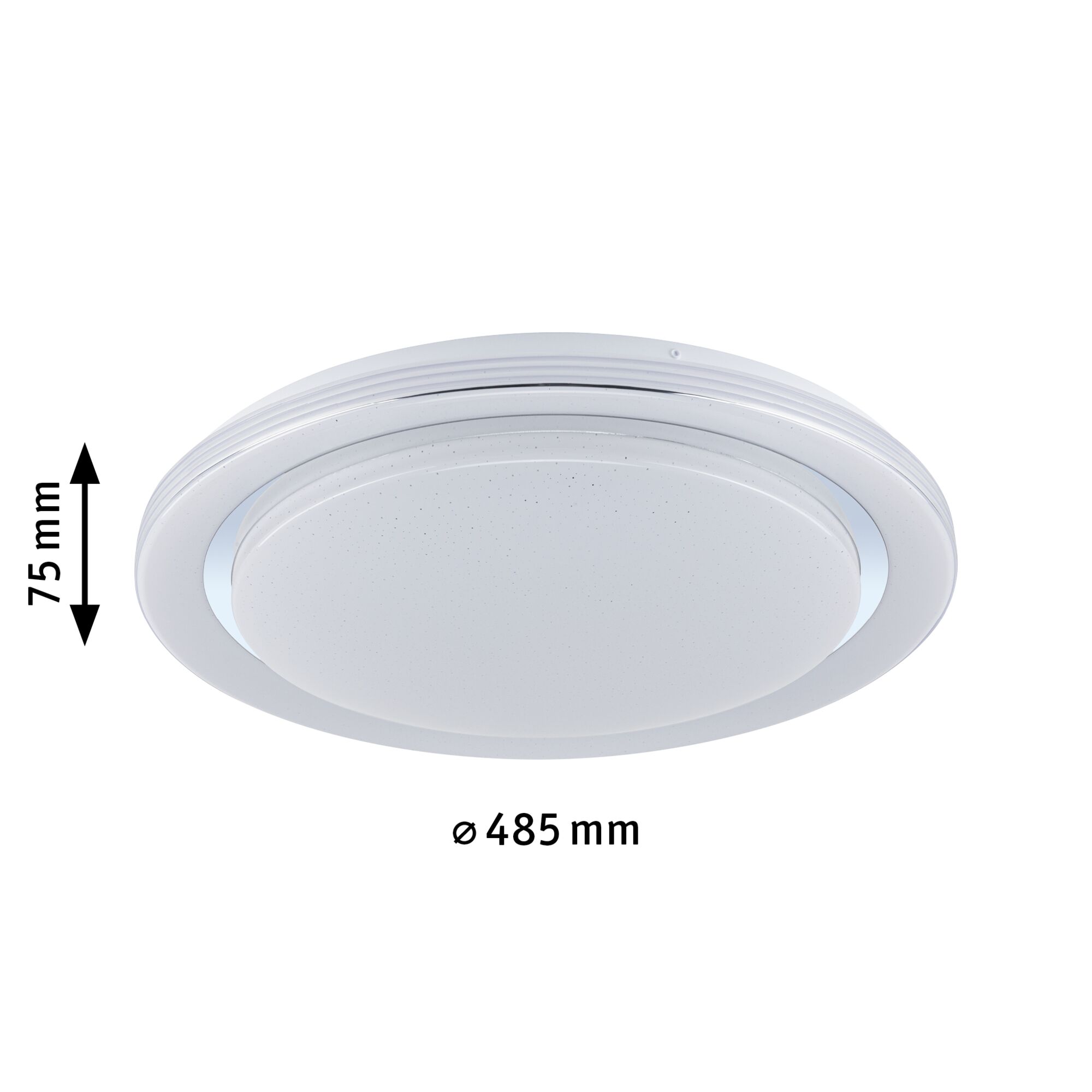 Round white LED ceiling light made of plastic, 485 mm diameter and 75 mm height, ideal for living spaces