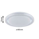 Round white LED ceiling light made of plastic, 485 mm diameter and 75 mm height, ideal for living spaces