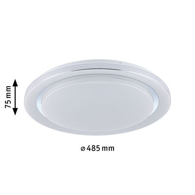 Round white LED ceiling light made of plastic, 485 mm diameter and 75 mm height, ideal for living spaces