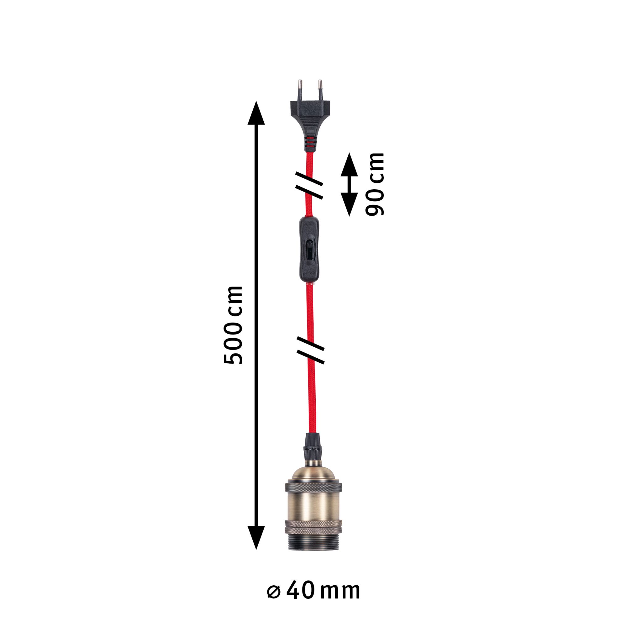 Antique brass lamp holder with red fabric cable and black switch, 500 cm length, 40 mm diameter