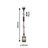 Antique brass lamp holder with red fabric cable and black switch, 500 cm length, 40 mm diameter