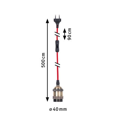 Antique brass lamp holder with red fabric cable and black switch, 500 cm length, 40 mm diameter
