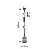 Antique brass lamp holder with red fabric cable and black switch, 500 cm length, 40 mm diameter
