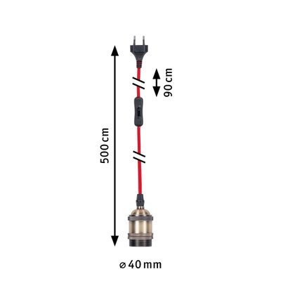 Antique brass lamp holder with red fabric cable and black switch, 500 cm length, 40 mm diameter
