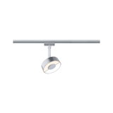 Moderner runder LED-Spot in Aluminiumfarben an Schienensystem für flexible Raumbeleuchtung