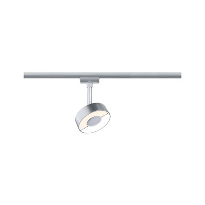 Moderner runder LED-Spot in Aluminiumfarben an Schienensystem für flexible Raumbeleuchtung