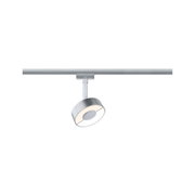 Moderner runder LED-Spot in Aluminiumfarben an Schienensystem für flexible Raumbeleuchtung