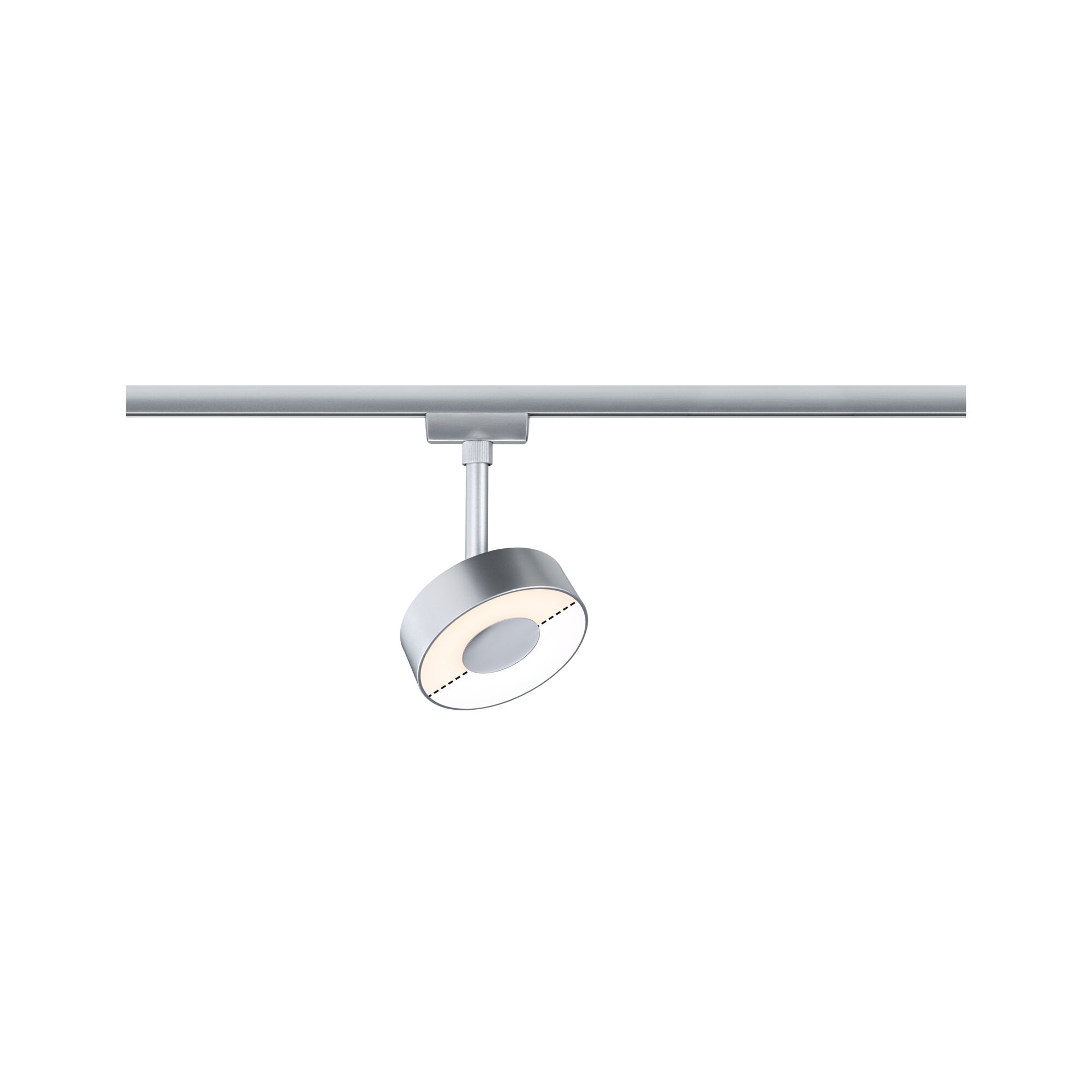 Moderner runder LED-Spot in Aluminiumfarben an Schienensystem für flexible Raumbeleuchtung