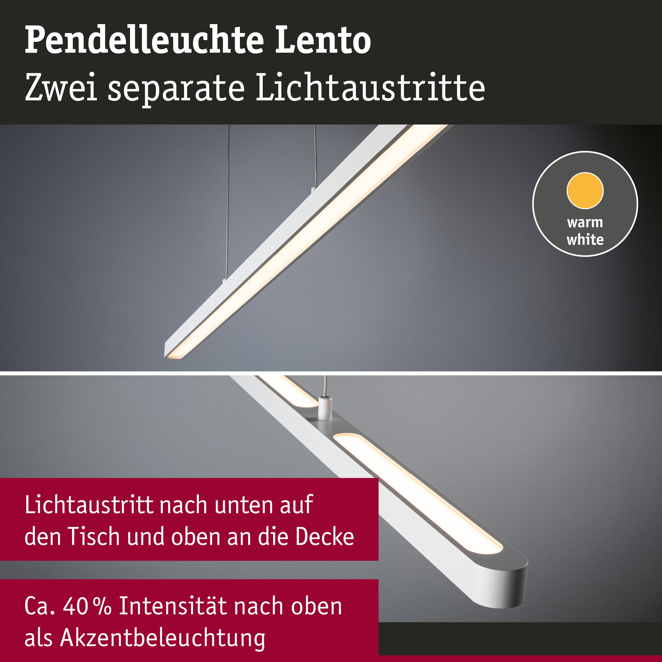 Pendelleuchte Lento in Weiß mit warmweißem Licht und zwei separaten Lichtaustritten für Akzentbeleuchtung
