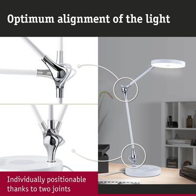 White LED desk lamp with two adjustable joints and chrome accents for flexible lighting and office use