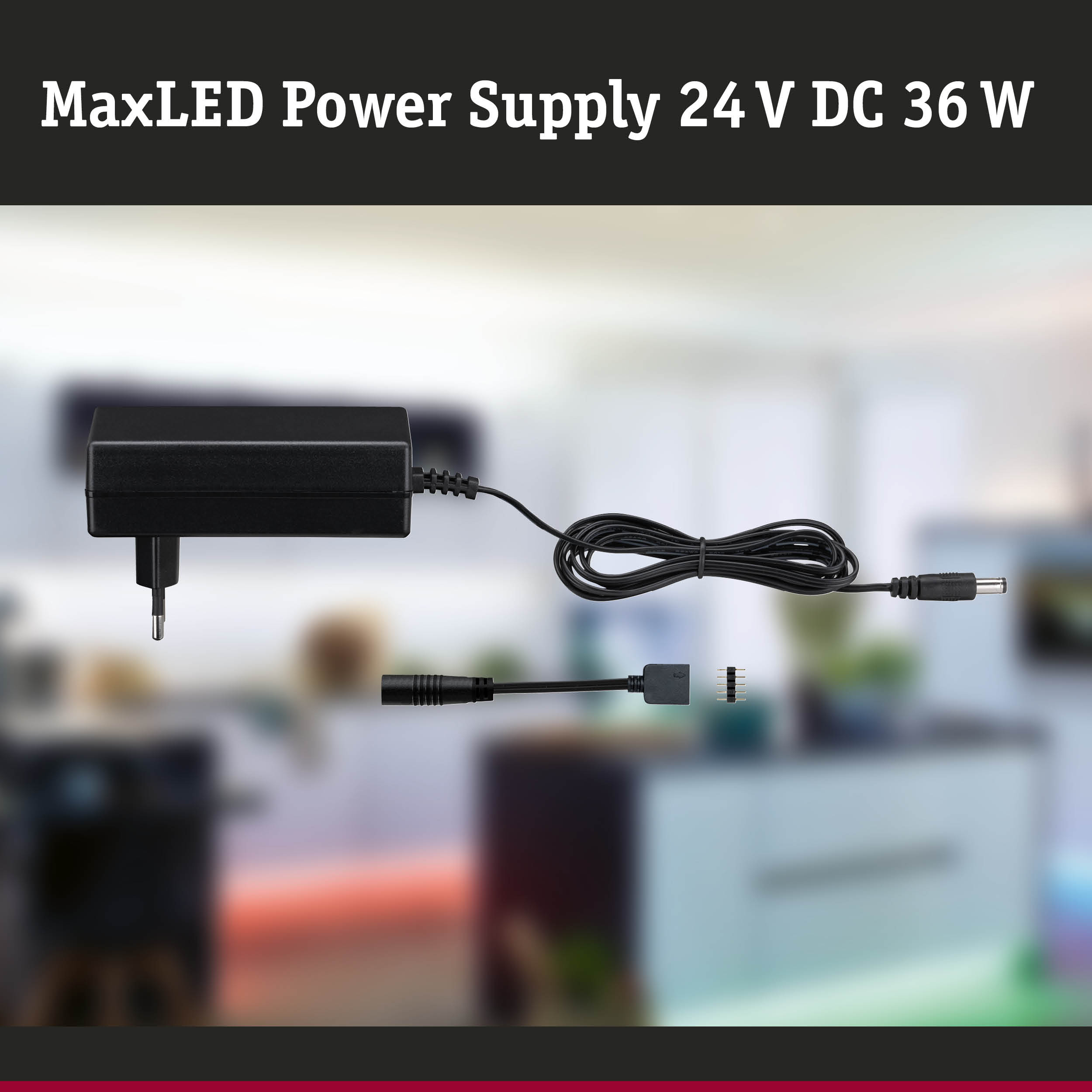 Schwarzes MaxLED Netzteil 24 V DC 36 W mit Kabel und Steckverbindung für LED Beleuchtung
