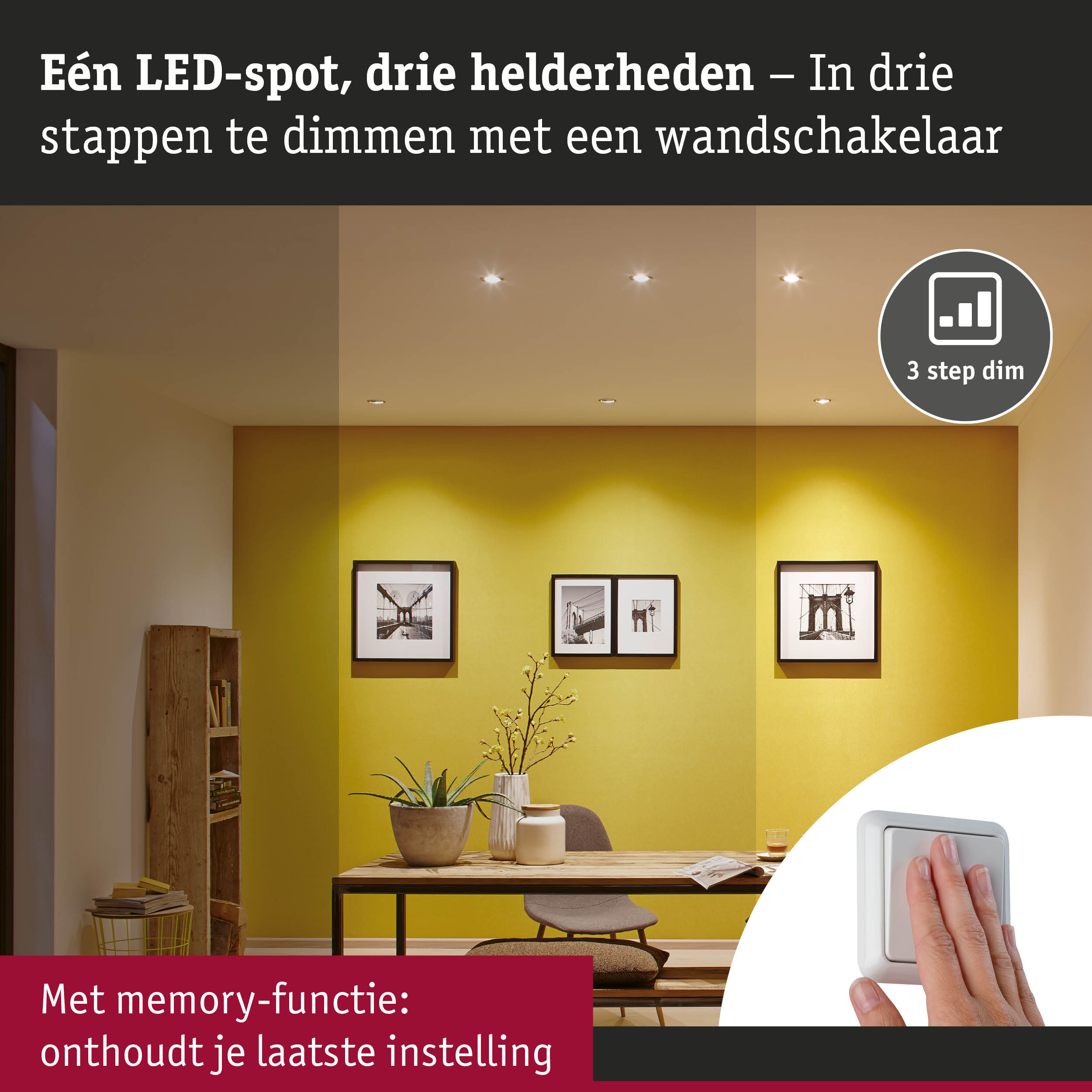 Dimbare LED-spot met 3-staps dimmer en geheugenfunctie voor woonkamerverlichting