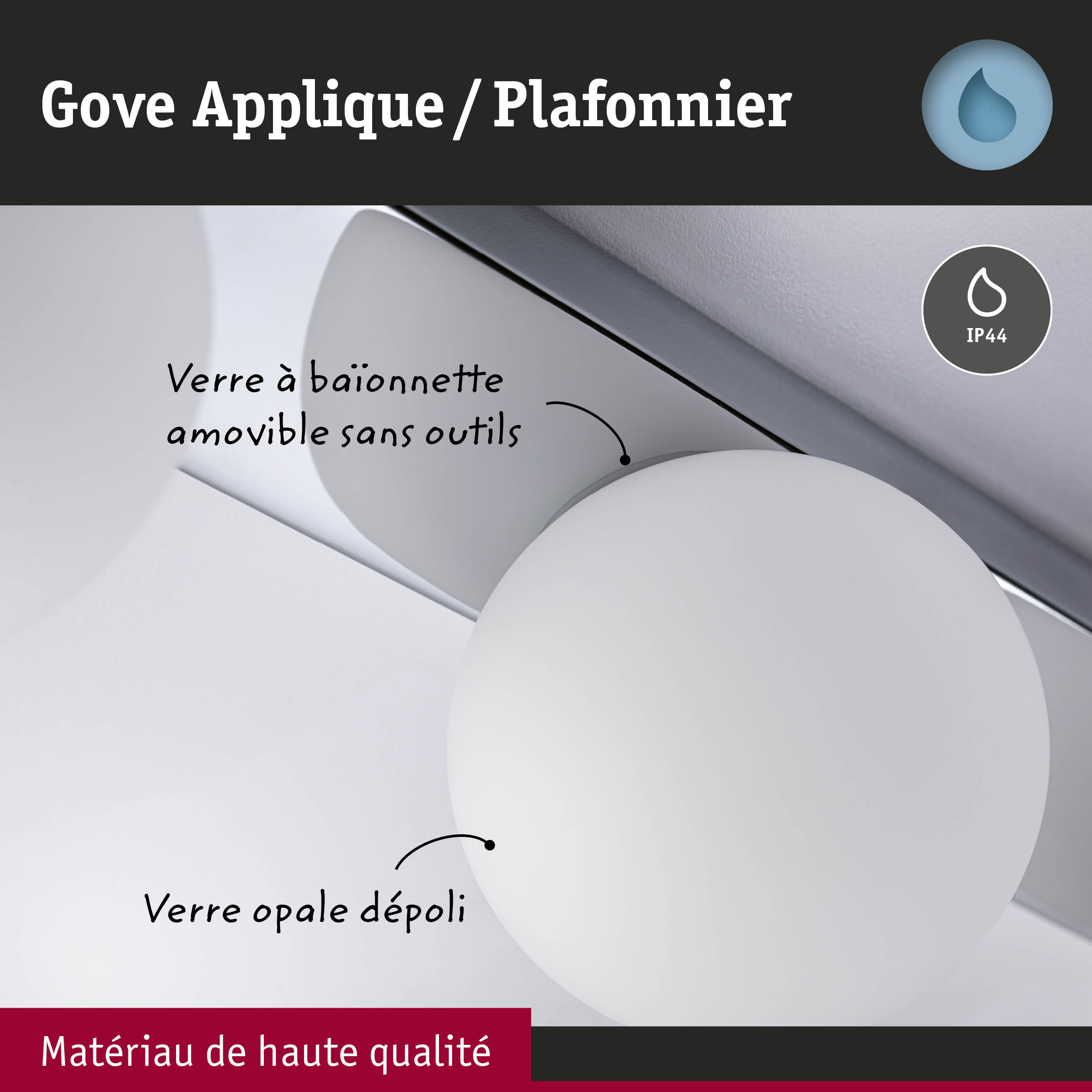 Plafonnier Gove en verre opale dépoli avec protection IP44 pour pièces humides