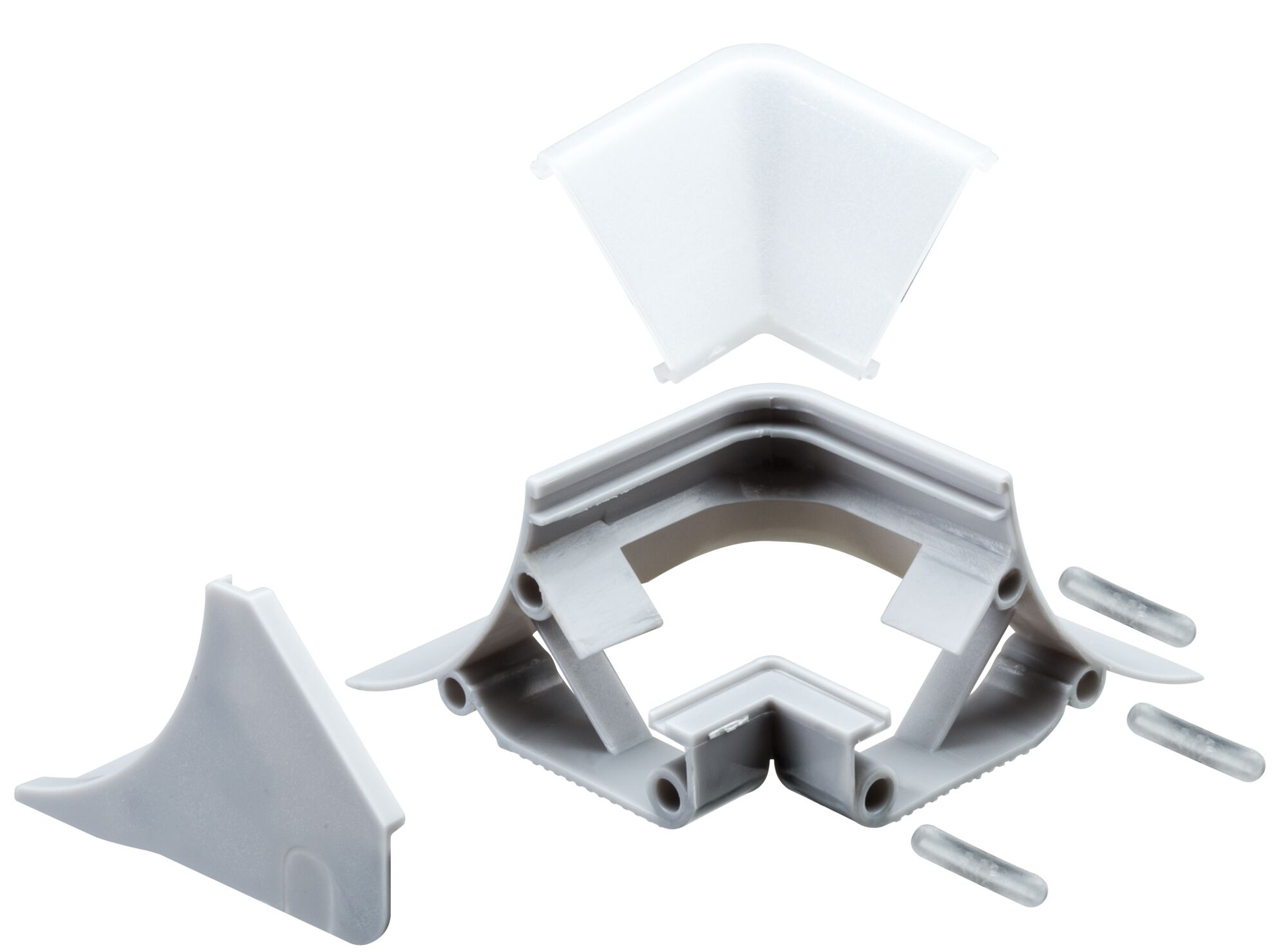 Grijze kunststof connector met transparante afdekking en metalen pinnen voor LED-stripverlichting.