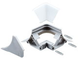 Grijze kunststof connector met transparante afdekking en metalen pinnen voor LED-stripverlichting.