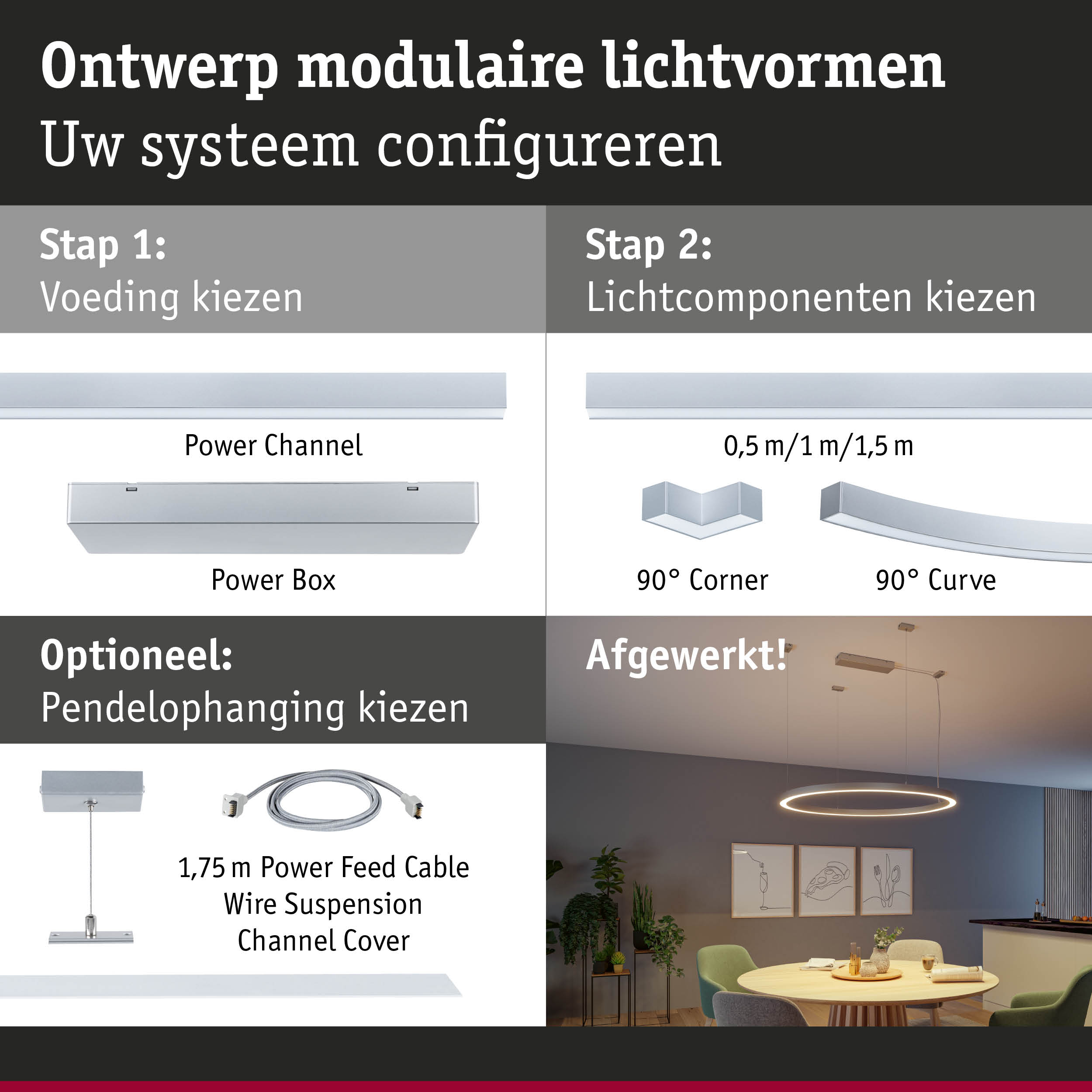 Modulair LED-lichtsysteem met zilveren Power Box en lichtcomponenten voor aanpasbare woonverlichting
