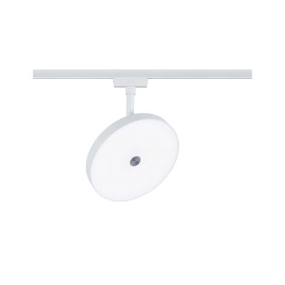 Round white LED spotlight in metal for track systems, modern design for living spaces