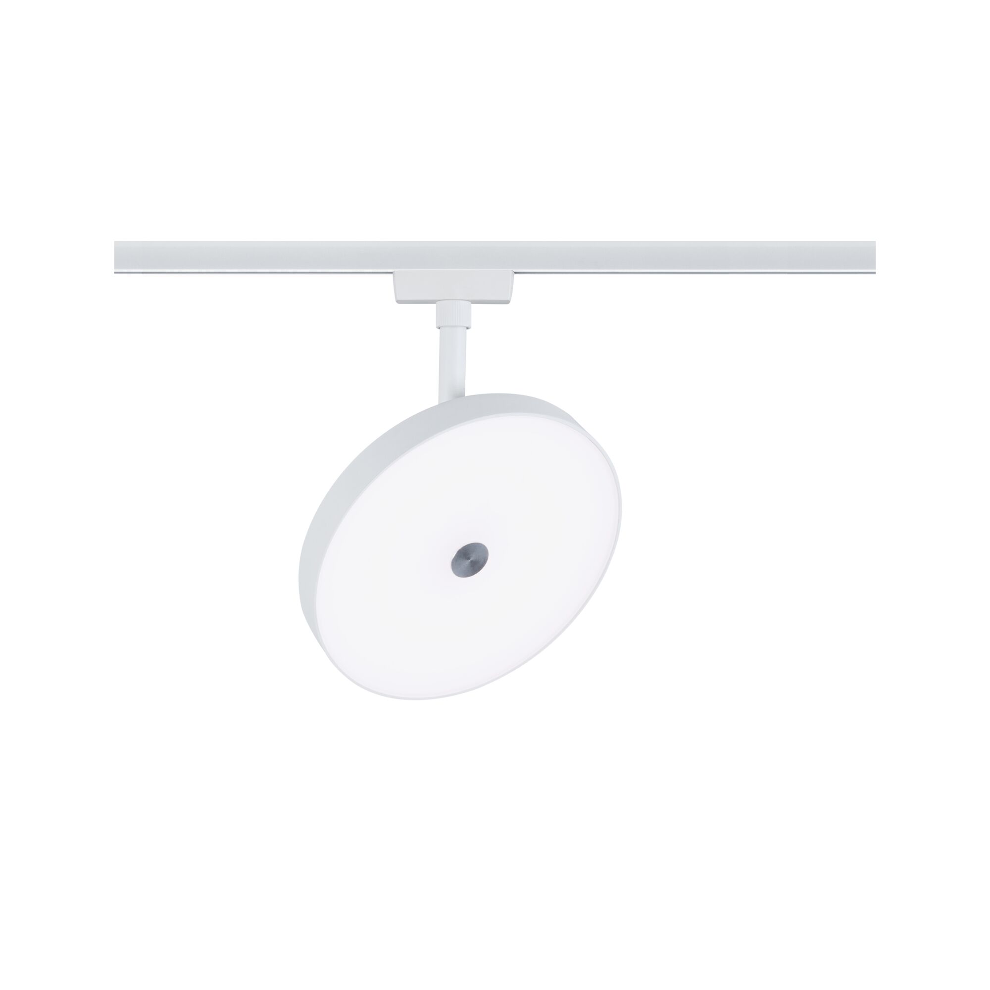 Round white LED spotlight in metal for track systems, modern design for living spaces
