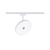 Round white LED spotlight in metal for track systems, modern design for living spaces