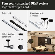 Modular URail track system with black and white aluminium rails for customizable lighting solutions.