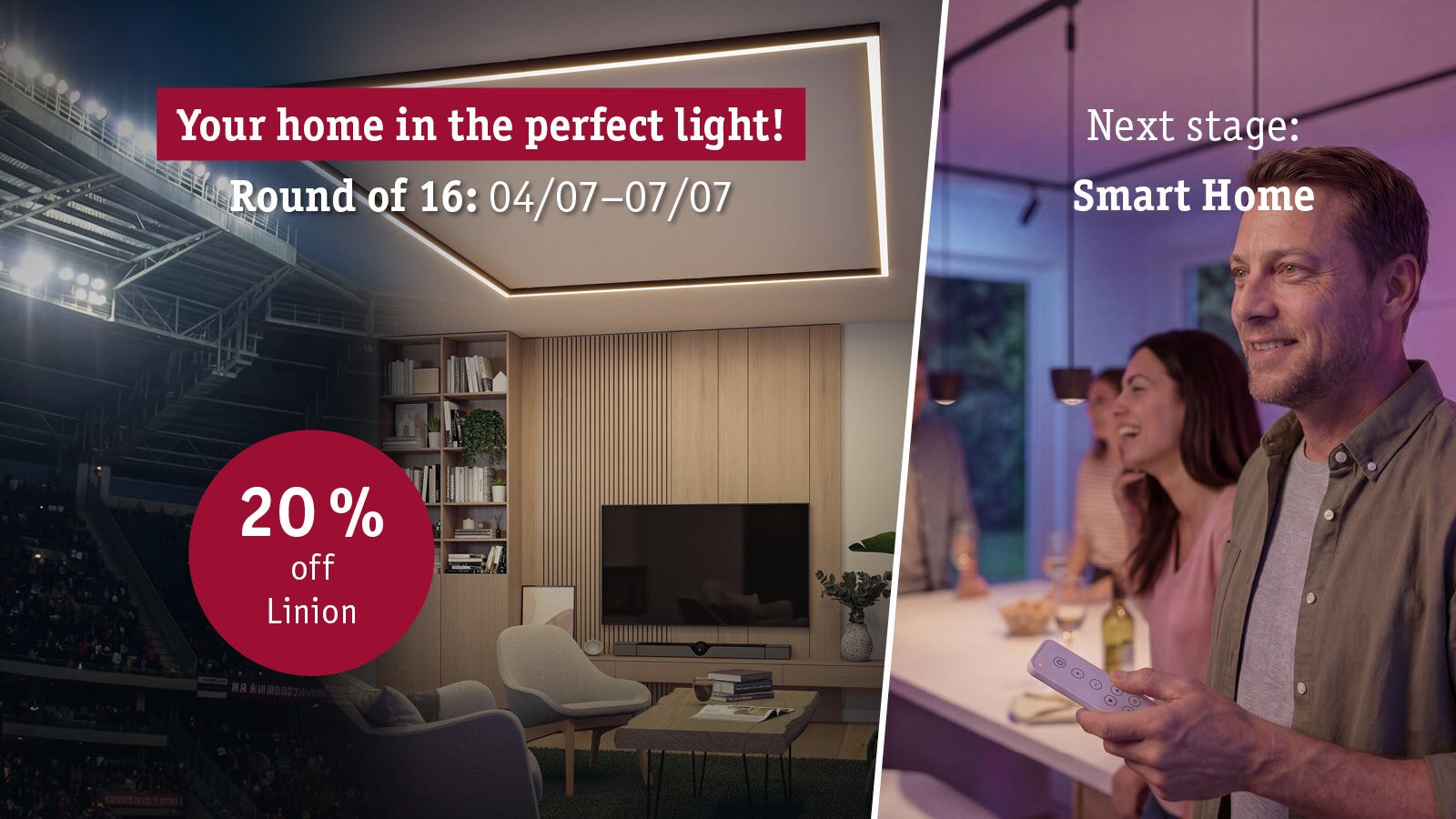 Modern living room with Linion LED ceiling light in warm white, 20% off smart home lighting solutions