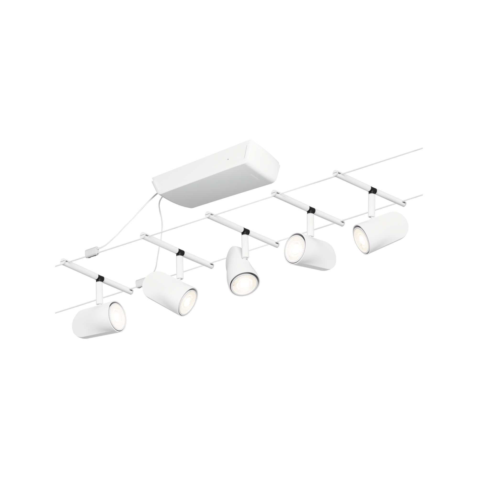 Weißes LED-Seilsystem mit mehreren verstellbaren Strahlern aus Metall für moderne Raumbeleuchtung