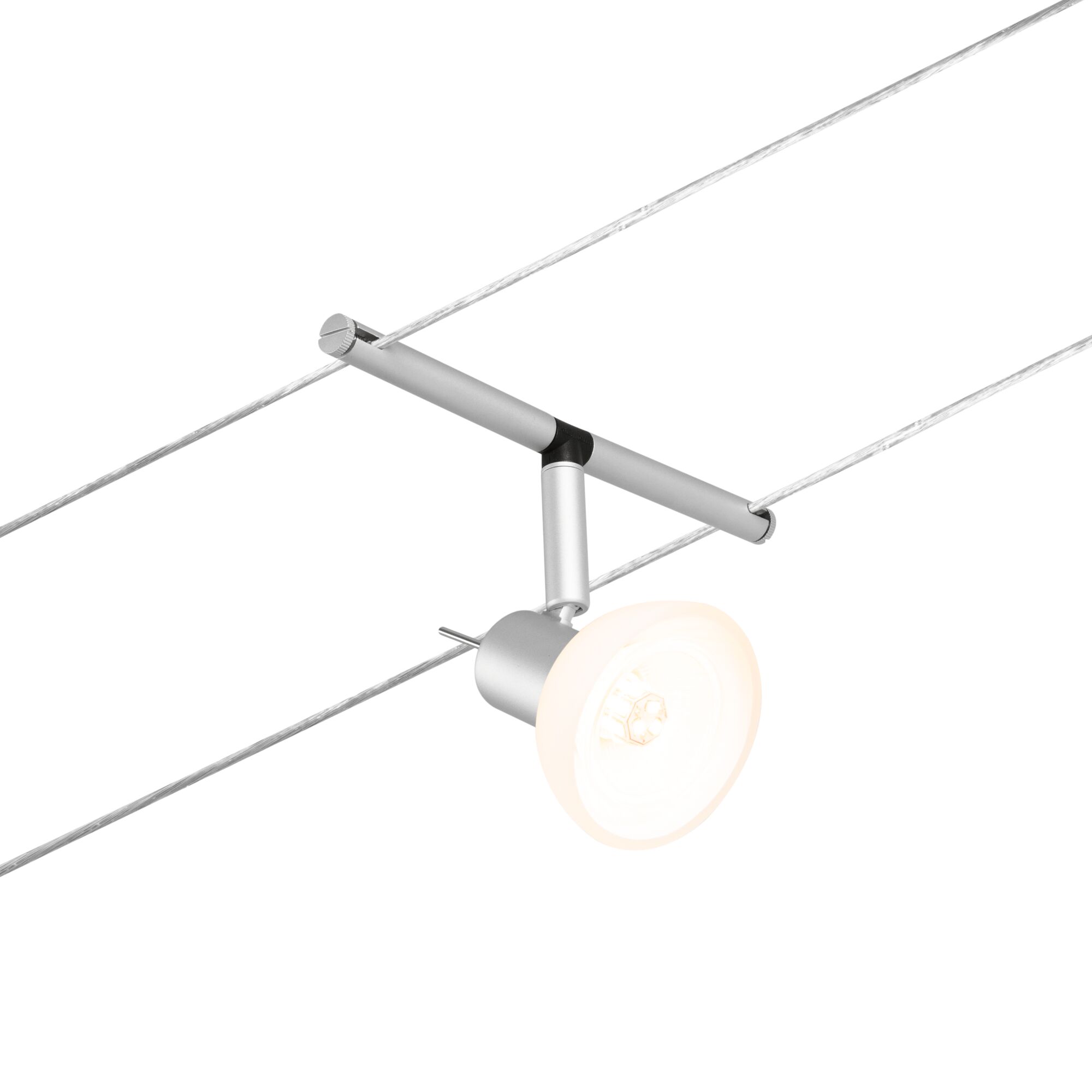 Silberner LED-Seilstrahler mit Glasreflektor an Drahtseil für flexible Beleuchtung im Raum