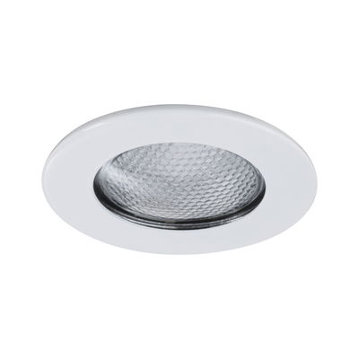 Round recessed LED light with white frame and textured glass cover for modern lighting solutions
