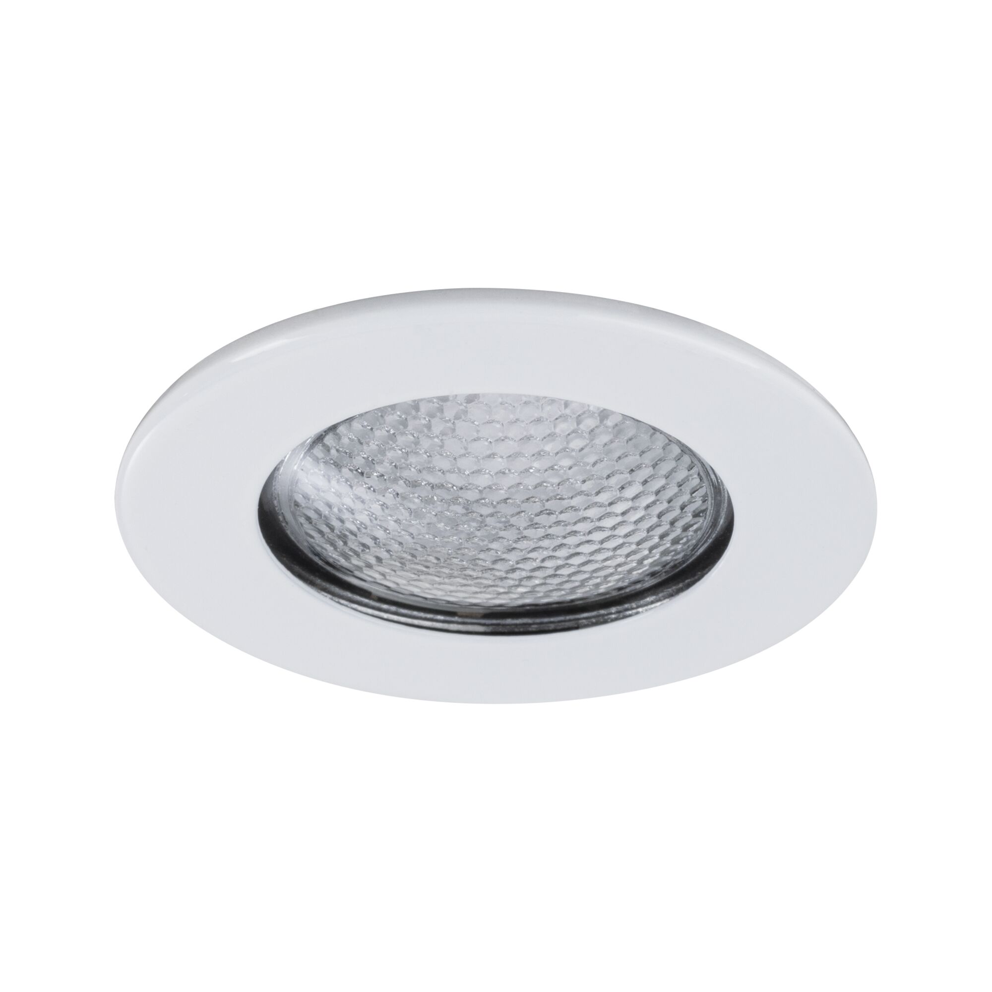 Round recessed LED light with white frame and textured glass cover for modern lighting solutions