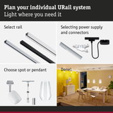 Modular URail track system with rails, power supply, and light fixtures for customizable lighting solutions