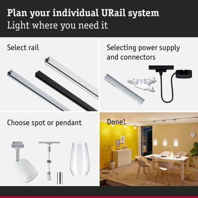 Modular URail track system with rails, power supply, and light fixtures for customizable lighting solutions