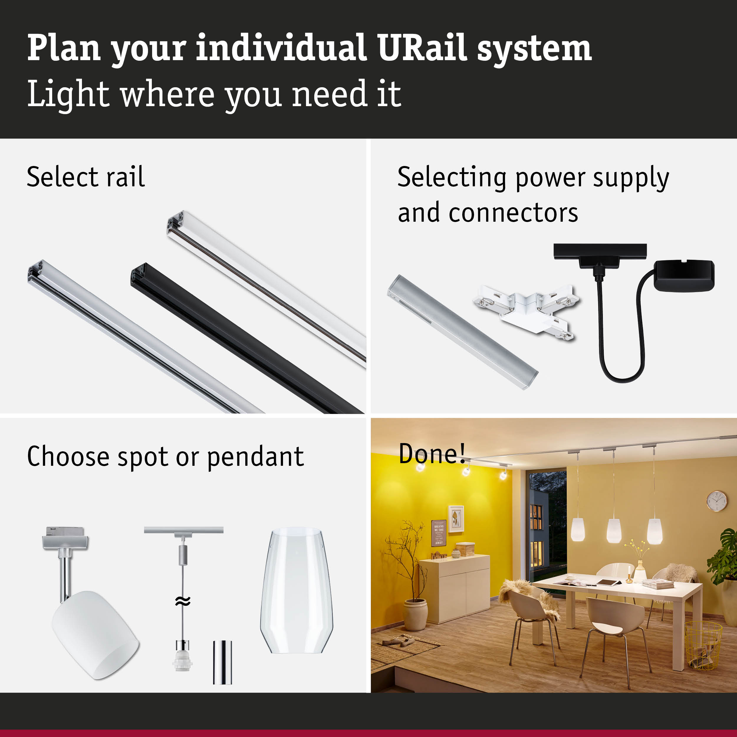 Modular URail track system with rails, power supply, and light fixtures for customizable lighting solutions