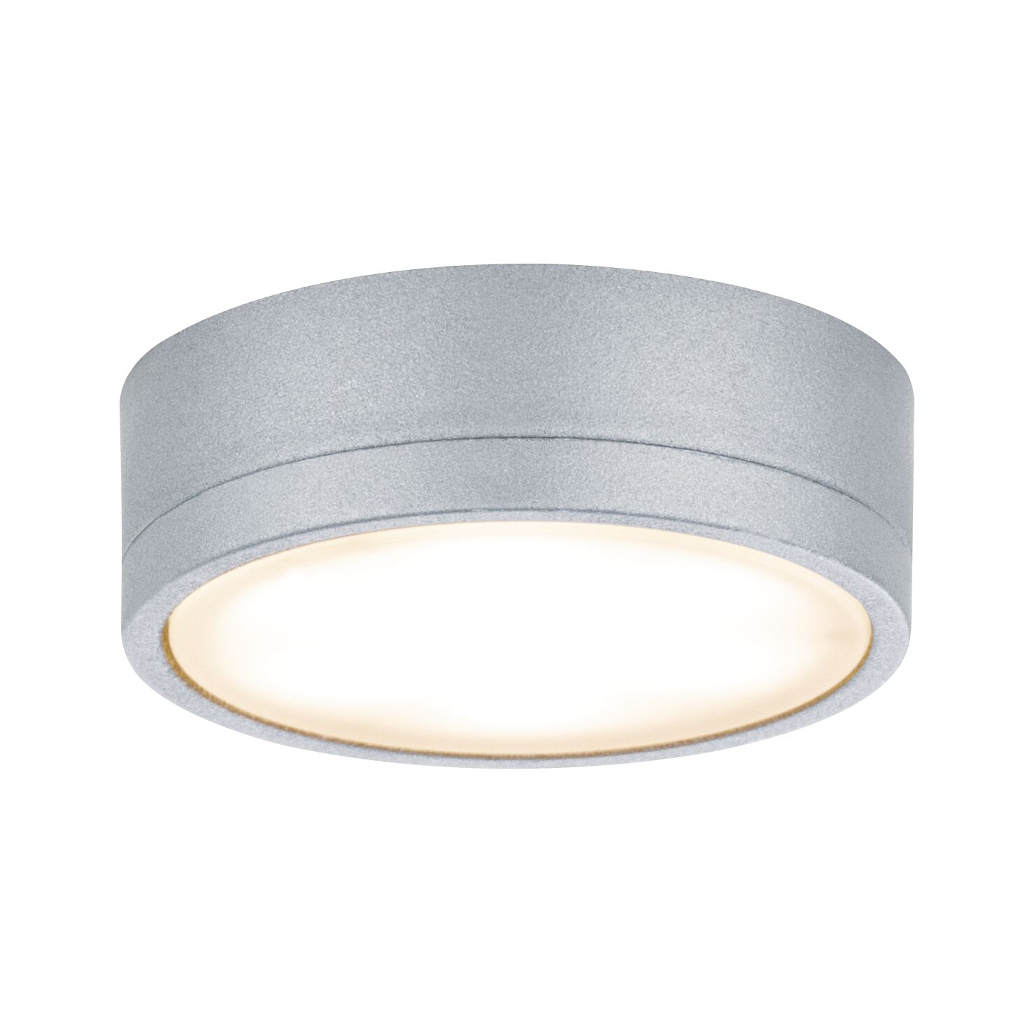 Rund loftlampe i sølvfarvet aluminium med varmt hvidt LED-lys til moderne indendørs belysning
