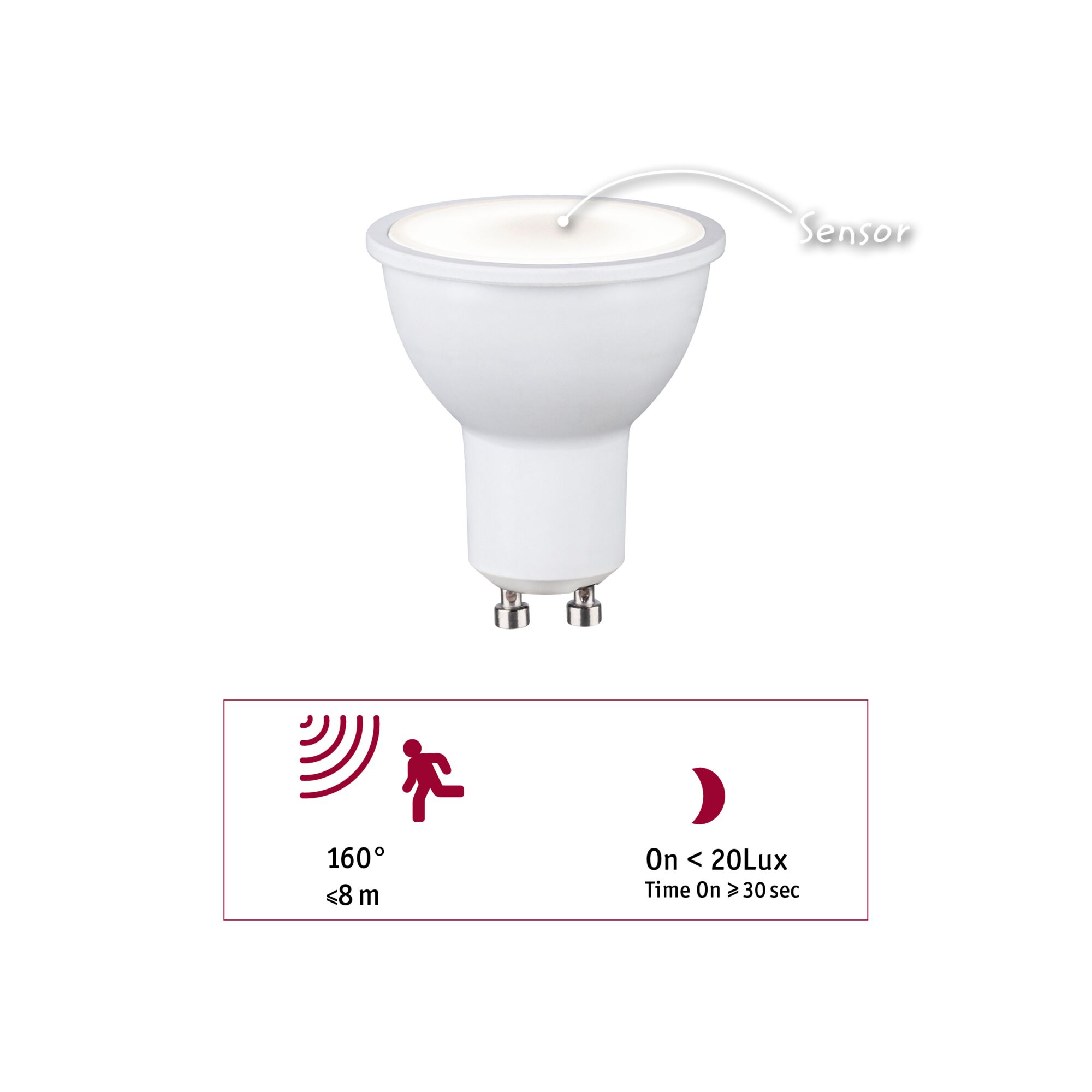 White LED spotlight with motion sensor and GU10 base, 160° detection angle, up to 8 m range