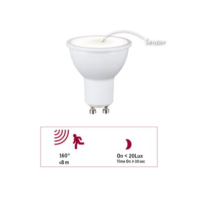 White LED spotlight with motion sensor and GU10 base, 160° detection angle, up to 8 m range