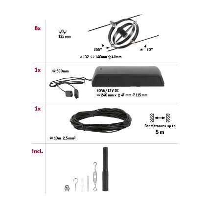 Technical drawing showing dimensions and parts of LED recessed spotlight set for indoor lighting.