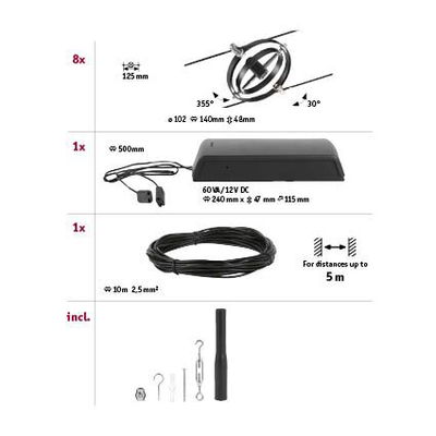 Technical drawing showing dimensions and parts of LED recessed spotlight set for indoor lighting.