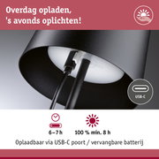 Zwarte lamp met USB-C oplaadpoort en vervangbare batterij voor 6-7 uur lichtduur