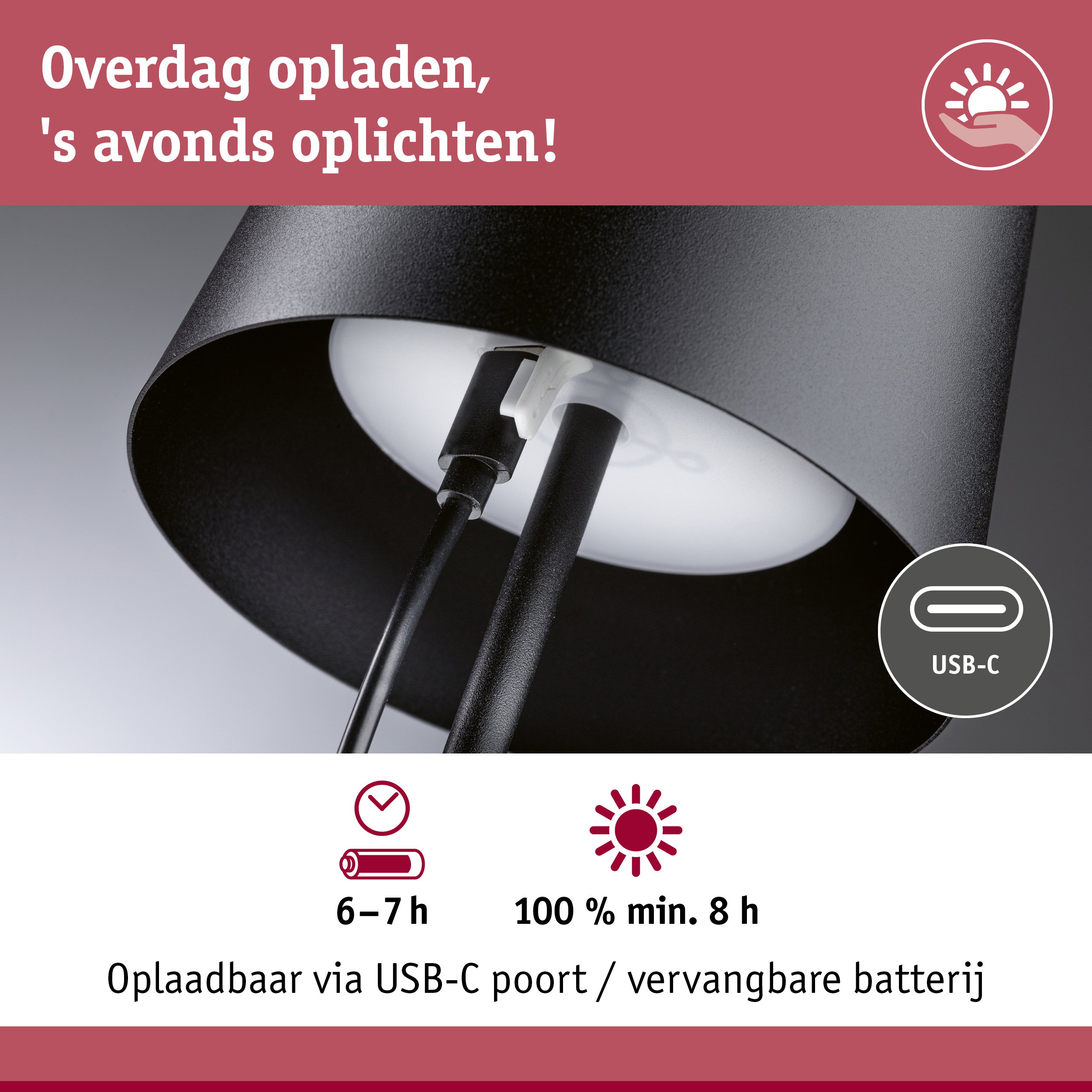 Zwarte lamp met USB-C oplaadpoort en vervangbare batterij voor 6-7 uur lichtduur