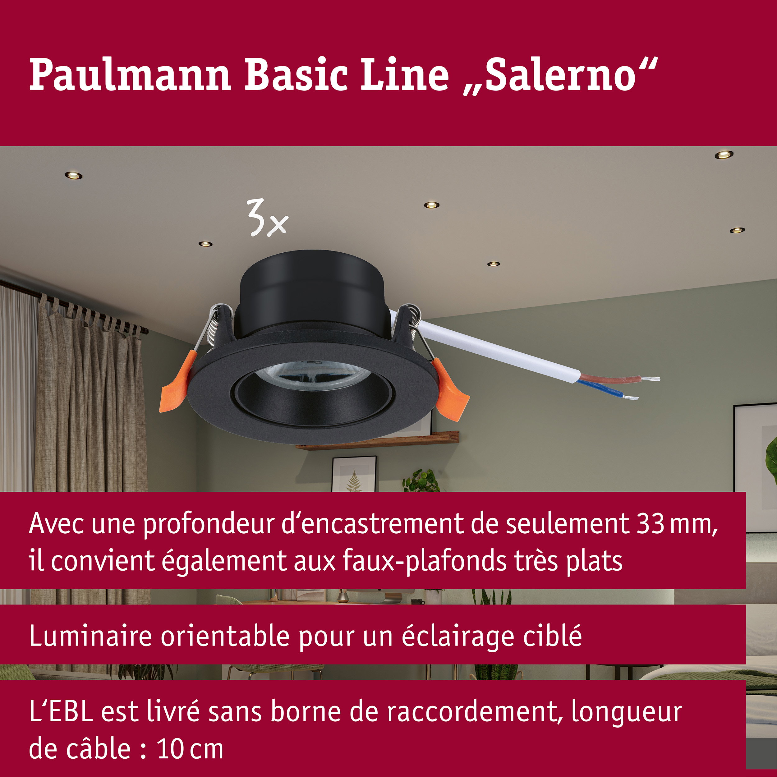 Spot encastré LED Salerno 4000K 67mm 3x204lm 3x2,9W Noir mat