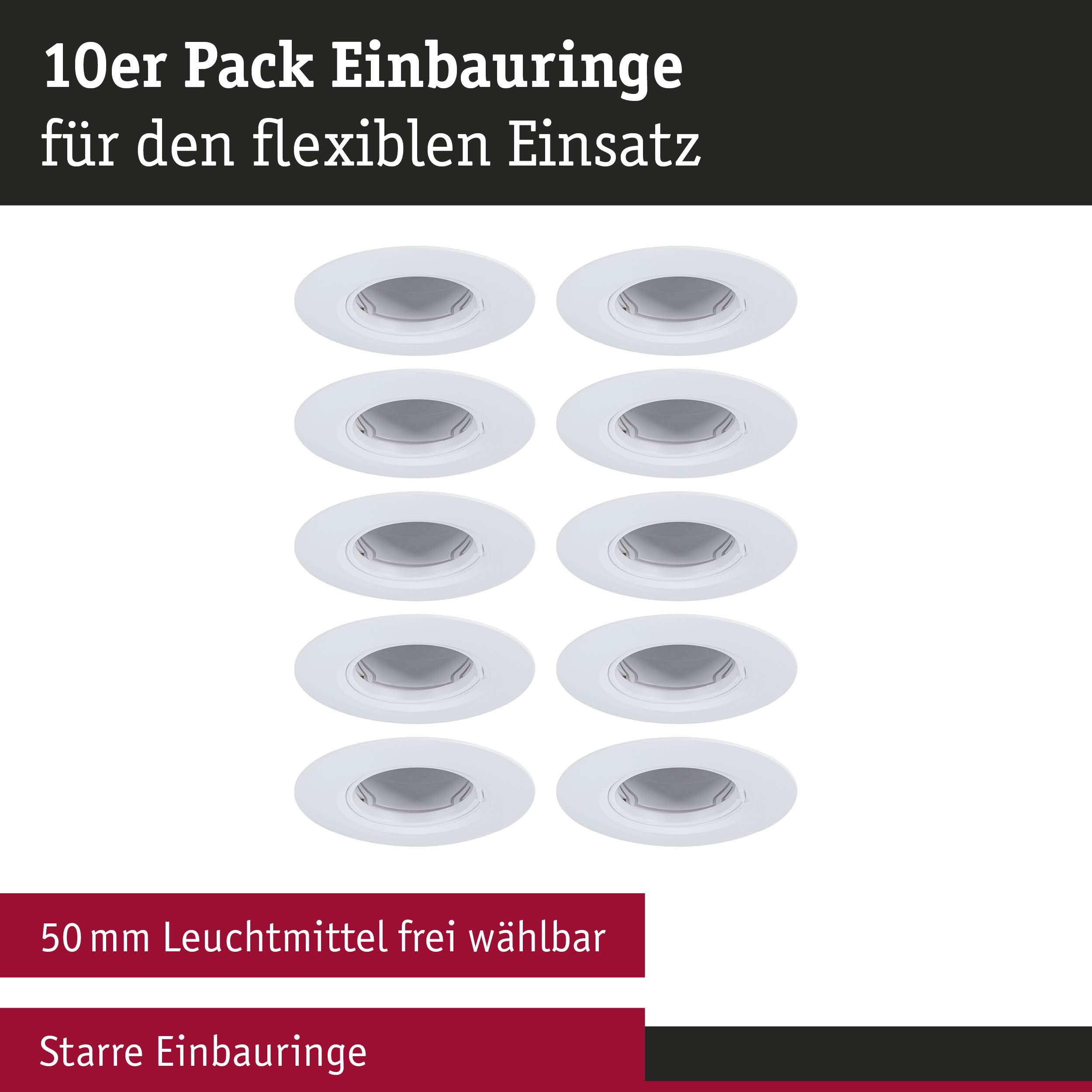10er Pack weiße Einbauringe für flexible Beleuchtung mit 50 mm Leuchtmittelöffnung