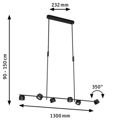 Suspension LED noire avec six spots réglables de 130 cm pour un éclairage intérieur moderne
