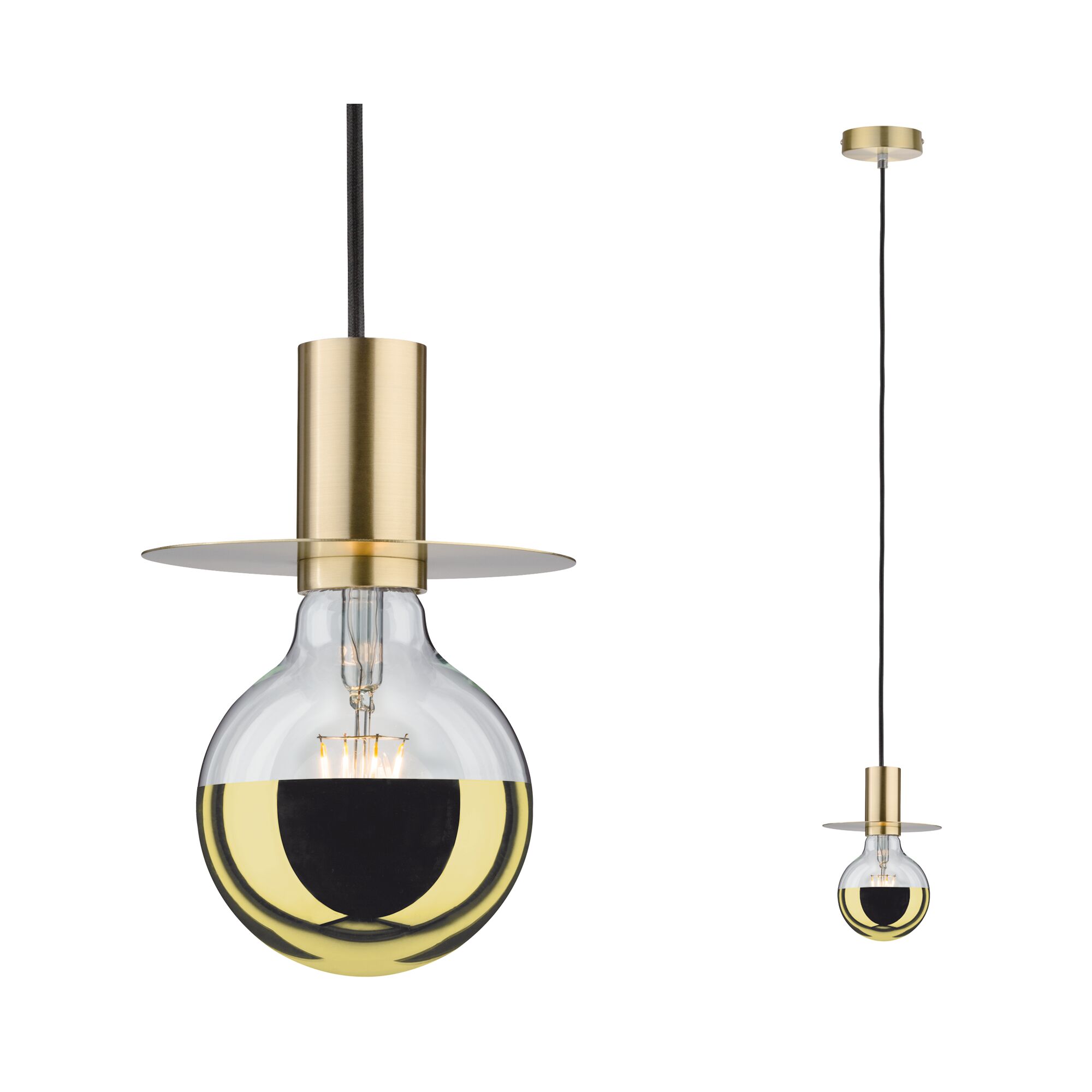 Suspension moderne en laiton avec câble noir et ampoule mi-miroir pour un éclairage élégant