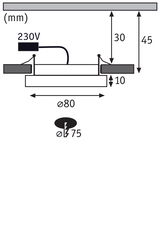 Technische tekening van inbouwlamp met 80 mm diameter en 230V aansluiting, afmetingen in mm.